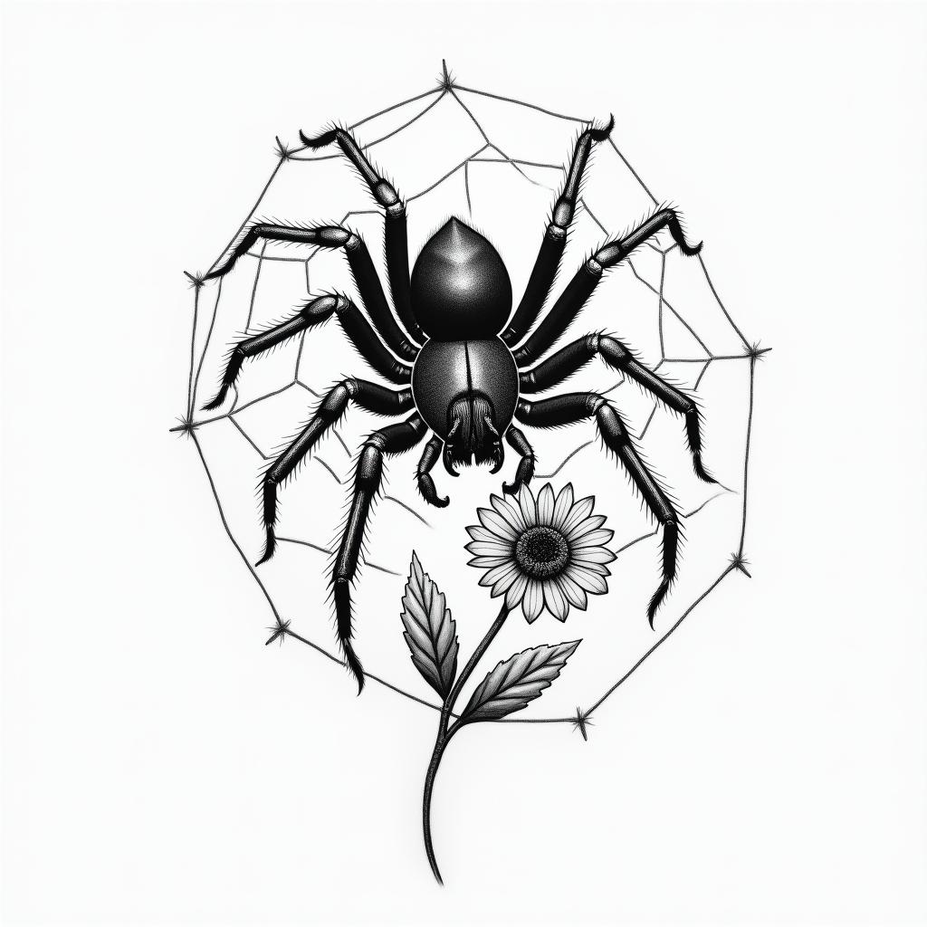 Small spider on web with flowers with stemin portrait tattoo style, featuring a highly realistic and detailed depiction  - Variation 105