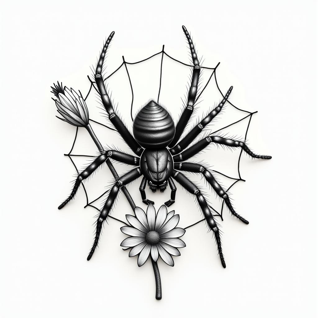 Small spider on web with flowers with stemin portrait tattoo style, featuring a highly realistic and detailed depiction  - Variation 108