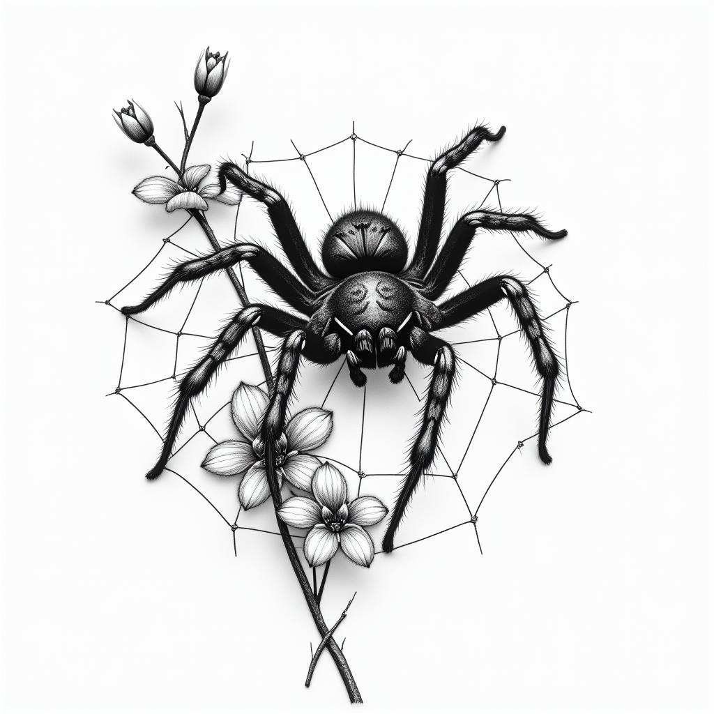Small spider on web with flowers with stemin portrait tattoo style, featuring a highly realistic and detailed depiction  - Variation 107