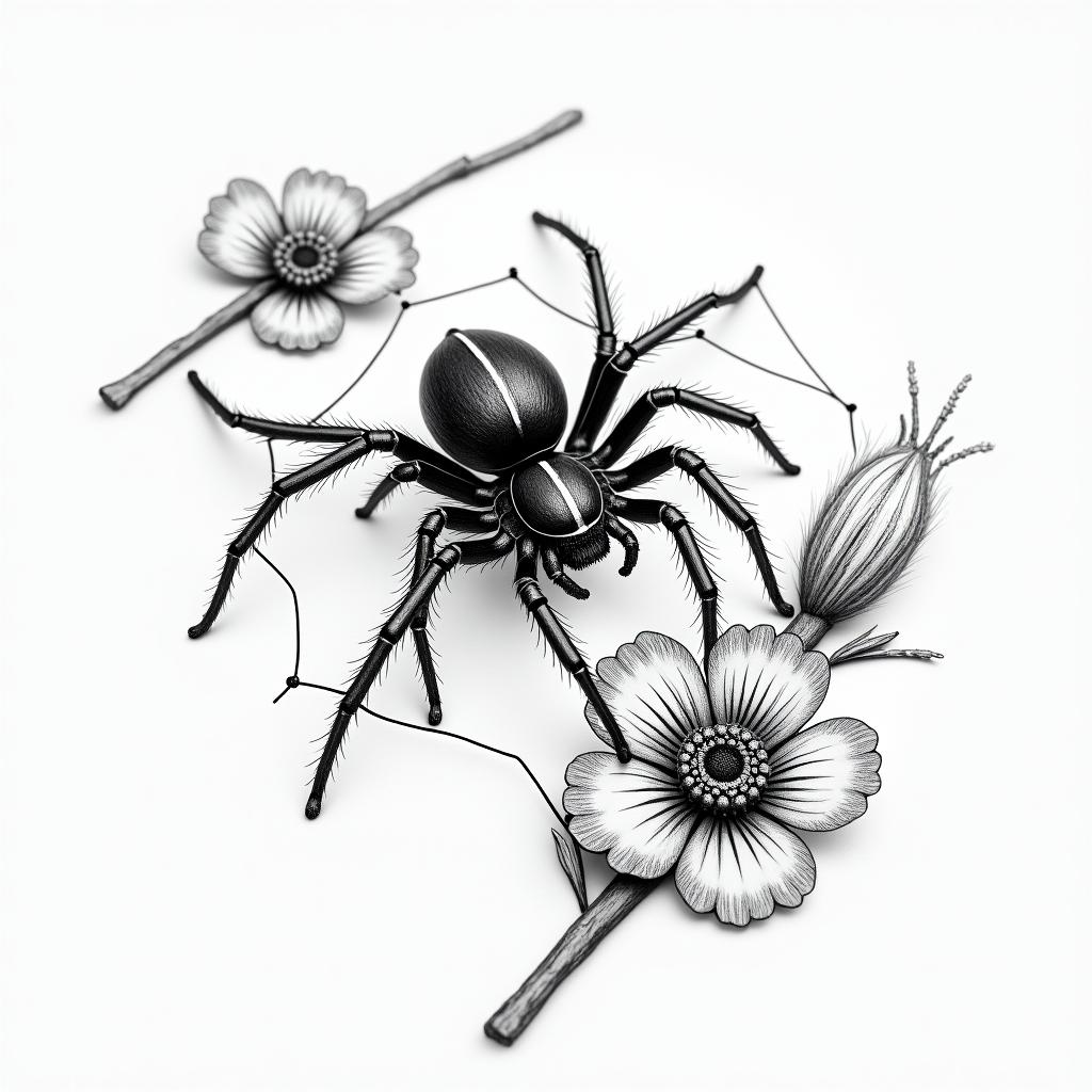 Small spider on web with flowers with stemin portrait tattoo style, featuring a highly realistic and detailed depiction  - Variation 106