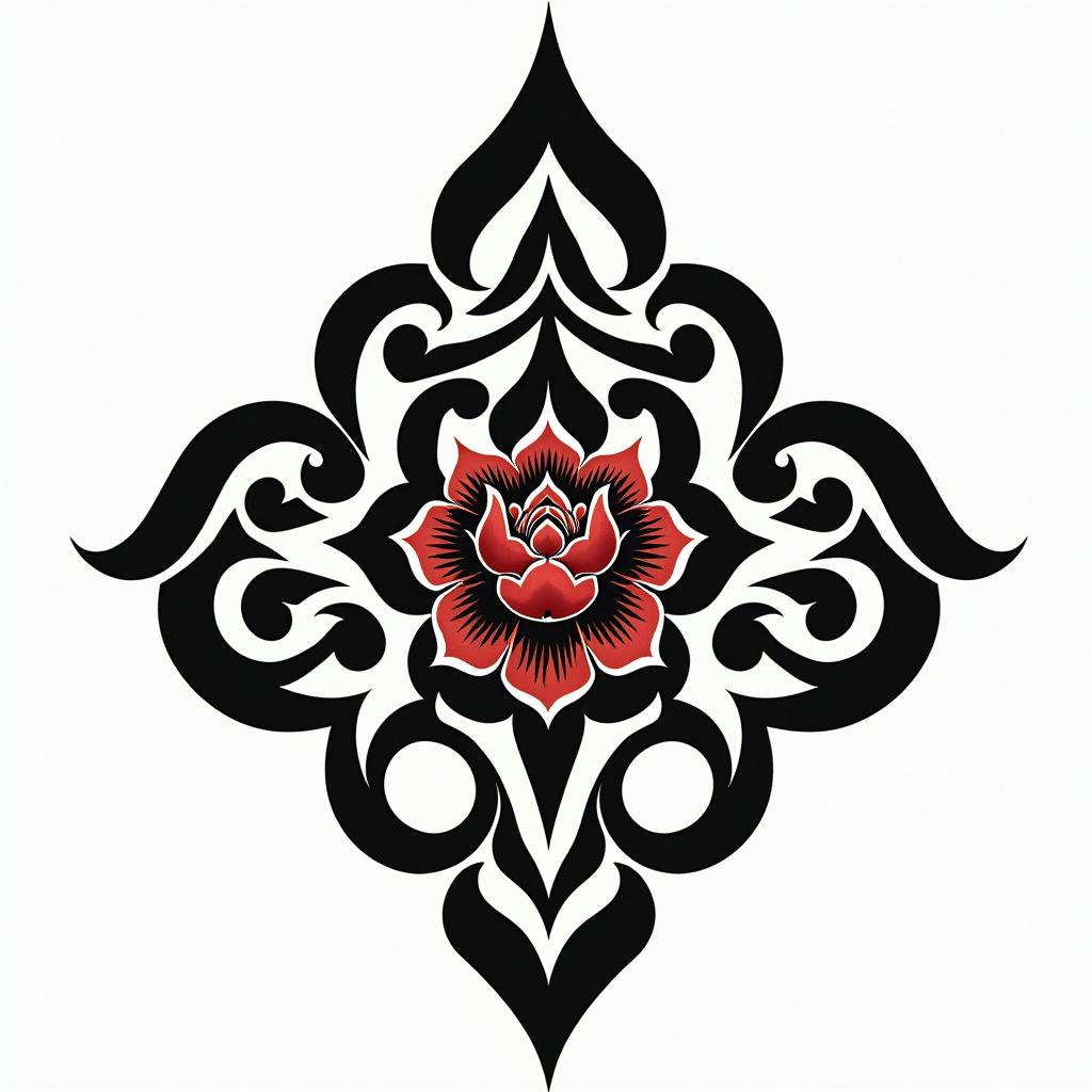 peony diamondin tribal tattoo style, featuring bold and black geometric shapes, curved lines, intertwine and flow seamlessly, creating a powerful and symbolic design, polynesian and maori styles