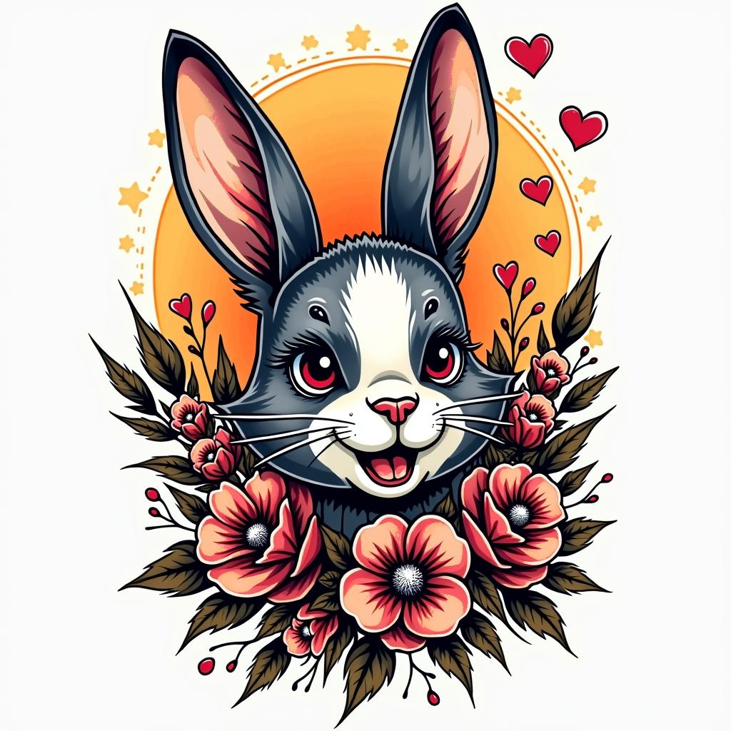 Year of the rabitin pop art style tattoo, featuring bold and vibrant colors, exaggerated outlines, iconic imagery, inspired by comic books and speech bubbles, comic book characters, retro pop culture - Variation 4