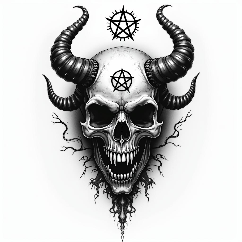 Zodiac sign Virgocreepy horror tattoo style, featuring an eerie and unsettling skull of a demonic creature, distorted face with sharp fangs, add pentagram symbol - Variation 3
