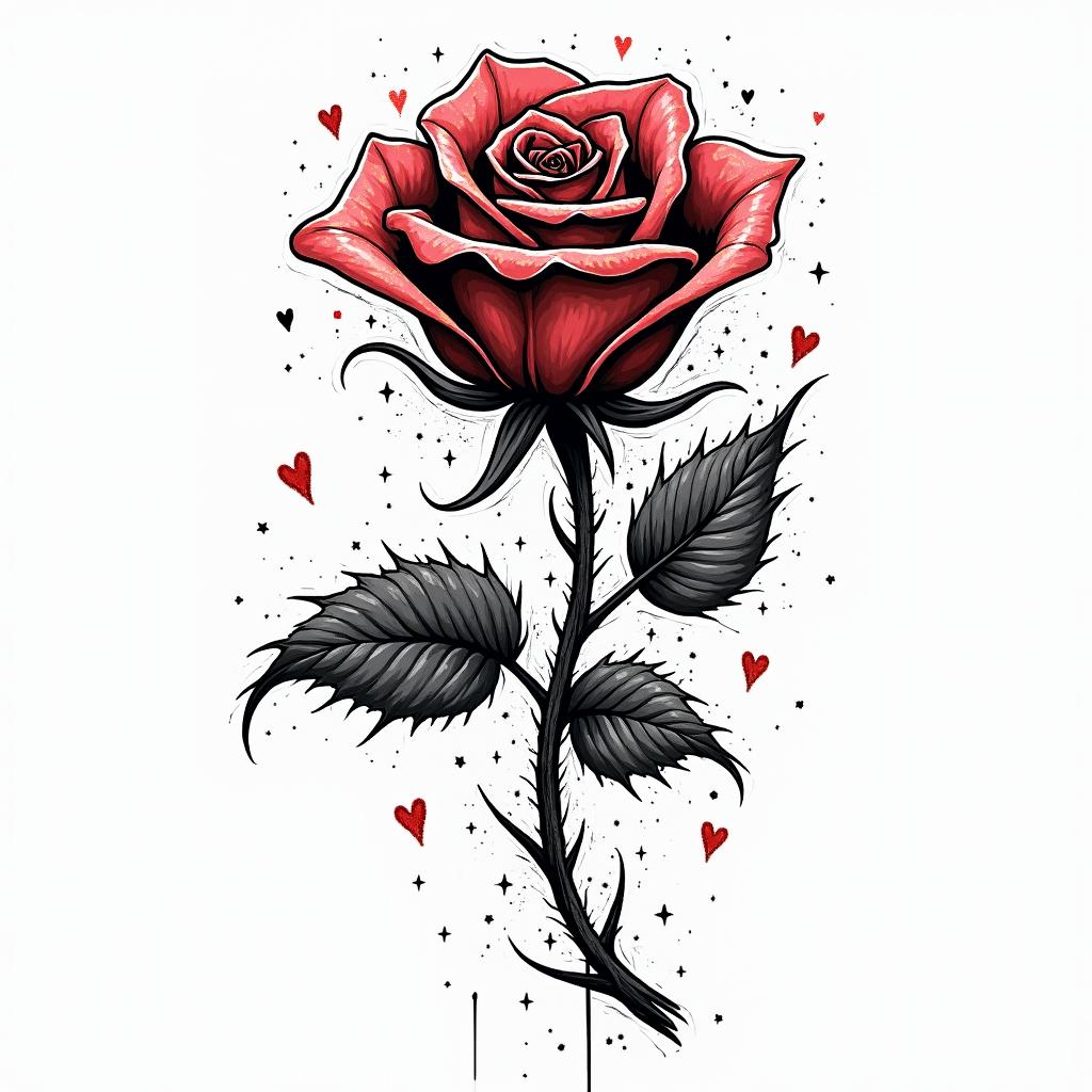 Rose thorny branchesin graffiti style tattoo, featuring bold and dynamic street art elements, spray-paint texture with exaggerated lines and expressive, chaotic brushstrokes, intricate lettering incorporated with graffiti tags, symbols like hearts, stars, and wings - Variation 3
