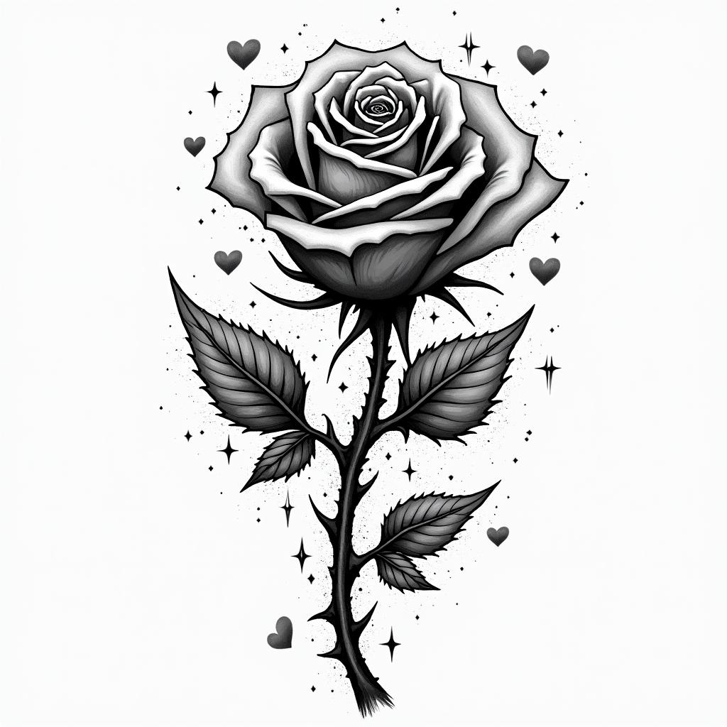 Rose thorny branchesin graffiti style tattoo, featuring bold and dynamic street art elements, spray-paint texture with exaggerated lines and expressive, chaotic brushstrokes, intricate lettering incorporated with graffiti tags, symbols like hearts, stars, and wings - Variation 2