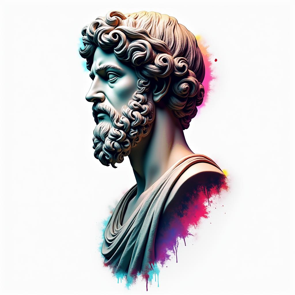 Motorcyclein distorted and fragmented tattoo design, featuring a classical statue bust, in a glitch art style with vibrant, overlapping colors of cyan, magenta, and yellow, creating a digital distortion effect - Variation 2