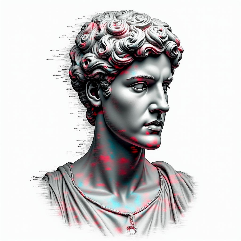 Motorcyclein distorted and fragmented tattoo design, featuring a classical statue bust, in a glitch art style with vibrant, overlapping colors of cyan, magenta, and yellow, creating a digital distortion effect - Variation 3