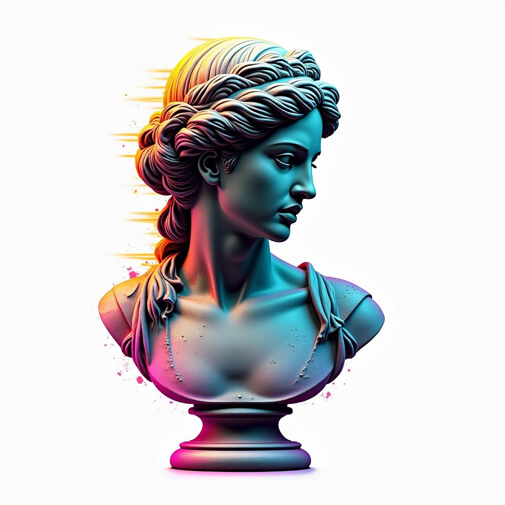 Motorcyclein distorted and fragmented tattoo design, featuring a classical statue bust, in a glitch art style with vibrant, overlapping colors of cyan, magenta, and yellow, creating a digital distortion effect