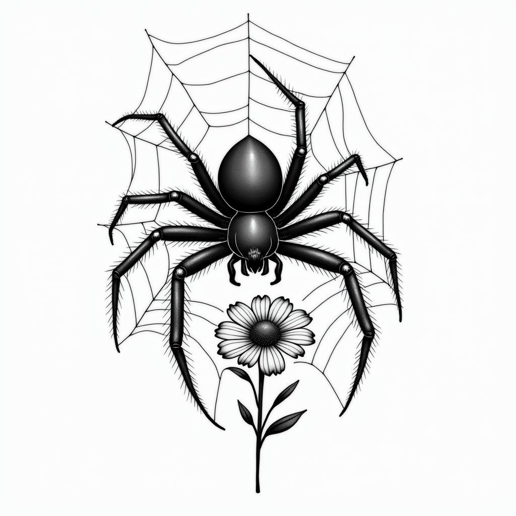 Small spider on web with flowers with stemin realism tattoo style, featuring a highly detailed, lifelike, capturing every detail, photorealistic, ultra realistic, intricate shading, smooth and sharp,   - Variation 60