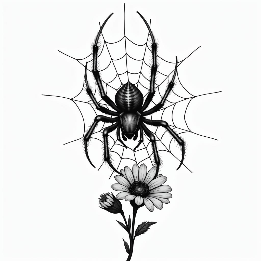 Small spider on web with flowers with stemin realism tattoo style, featuring a highly detailed, lifelike, capturing every detail, photorealistic, ultra realistic, intricate shading, smooth and sharp,   - Variation 57