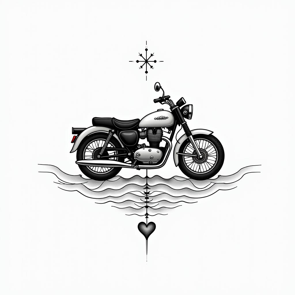 Motorcyclein Modest style tattoo, featuring soft, delicate line work with simple and meaningful symbols, gentle waves, a heart, evoking a sense of serenity and grace, - Variation 3