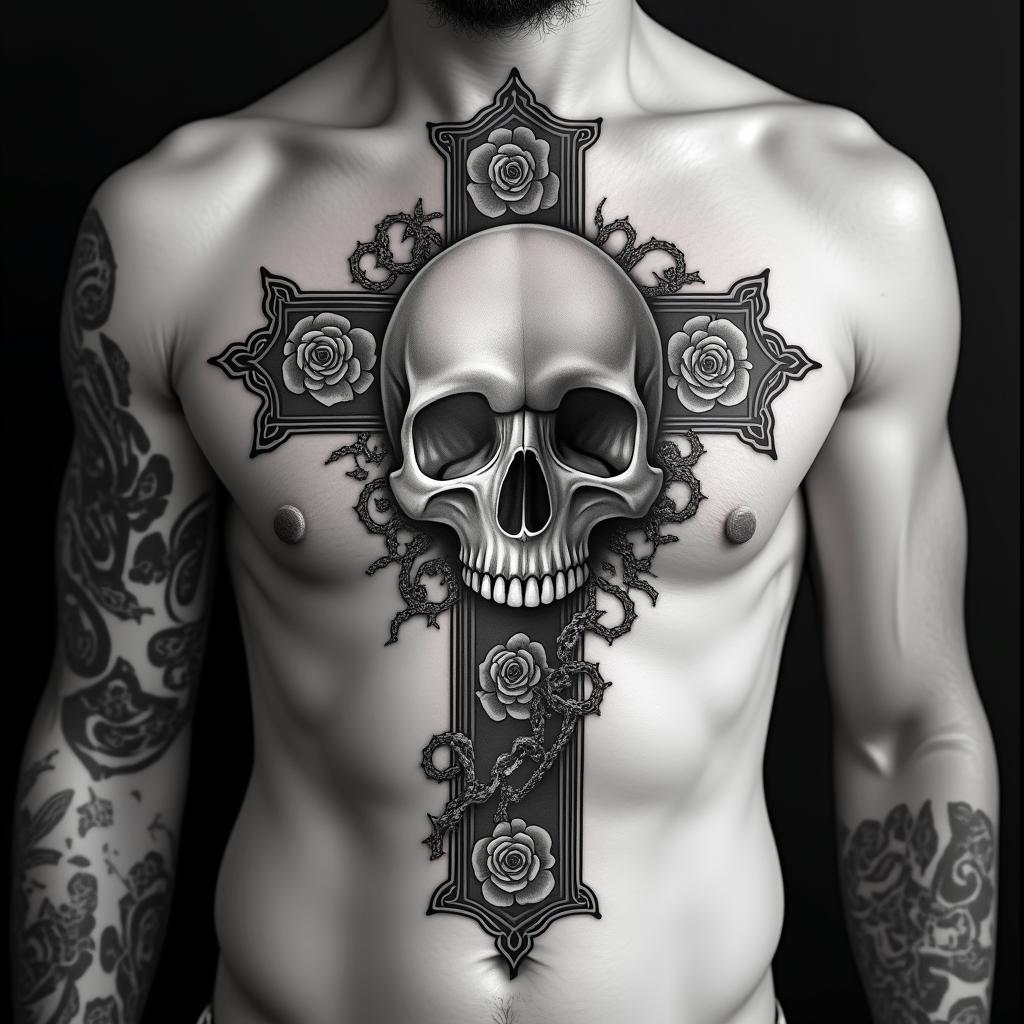 Skull with roses and clock elementsin chicano style tattoo, featuring intricate black and grey shading, bold elements of traditional chicano culture symbols, add a big cross with skull, chains and roses - Variation 10