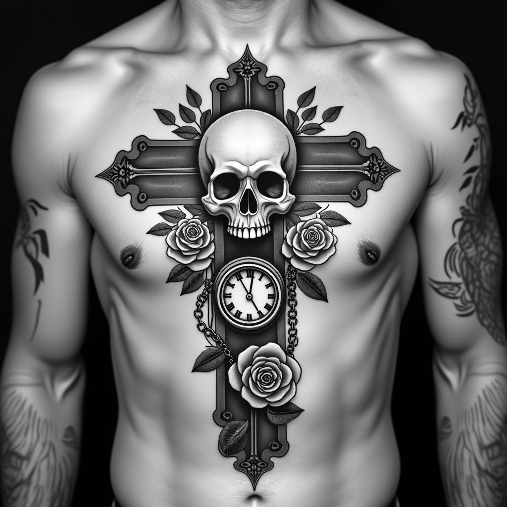 Skull with roses and clock elementsin chicano style tattoo, featuring intricate black and grey shading, bold elements of traditional chicano culture symbols, add a big cross with skull, chains and roses - Variation 9