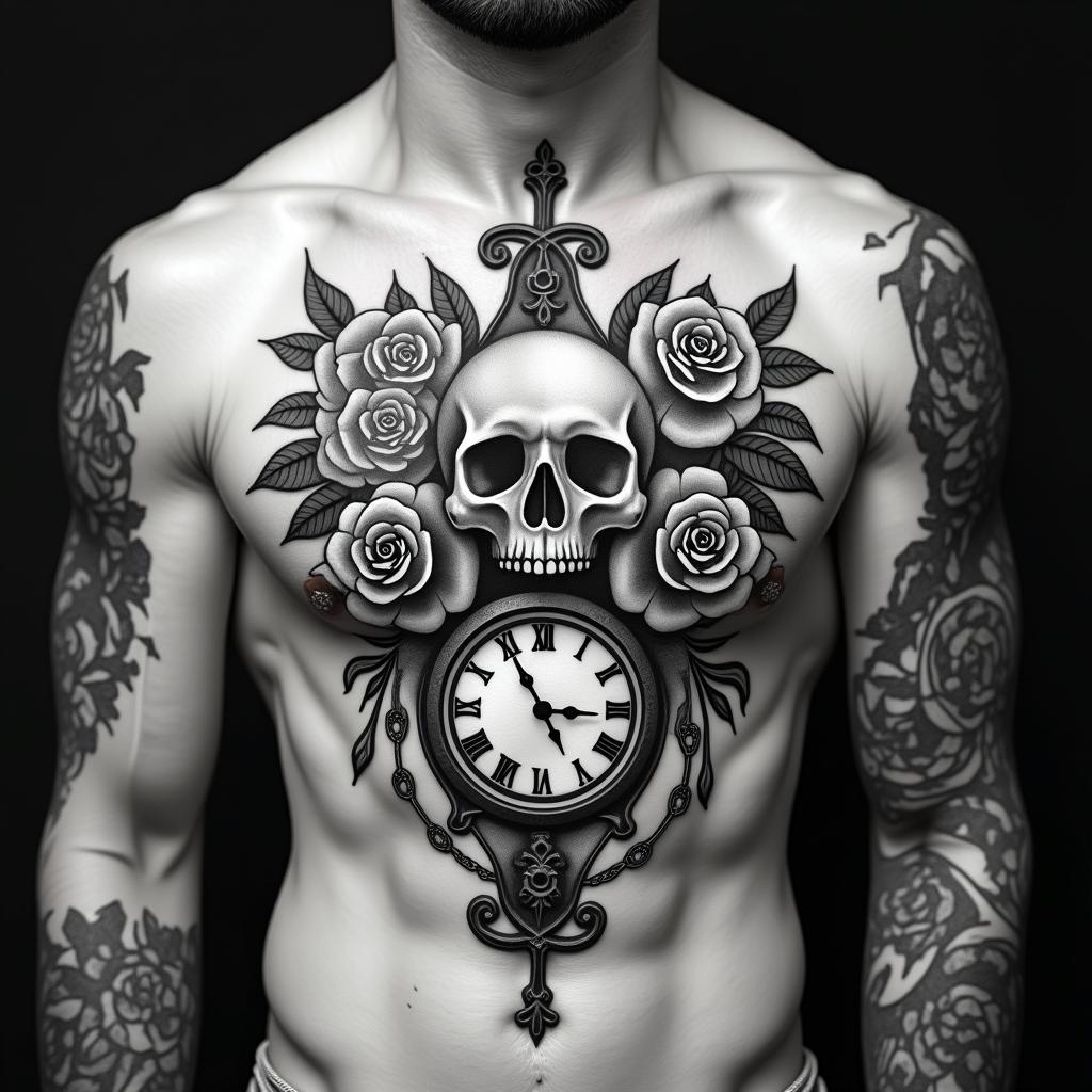 Skull with roses and clock elementsin chicano style tattoo, featuring intricate black and grey shading, bold elements of traditional chicano culture symbols, add a big cross with skull, chains and roses - Variation 11