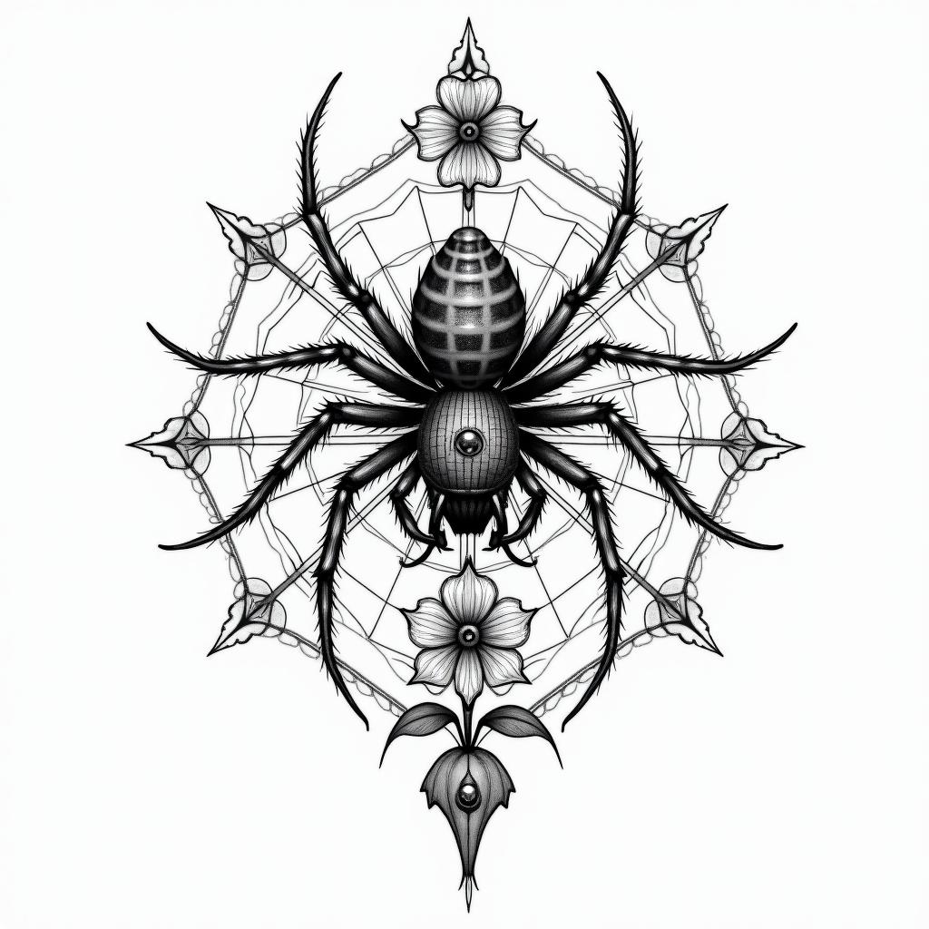 Small spider on web with flowers with stemin prophecy tattoo style, featuring mystical symbols, celestial imagery like stars, moons, suns, geometric patterns, foretelling elements, an eye of wisdom - Variation 4