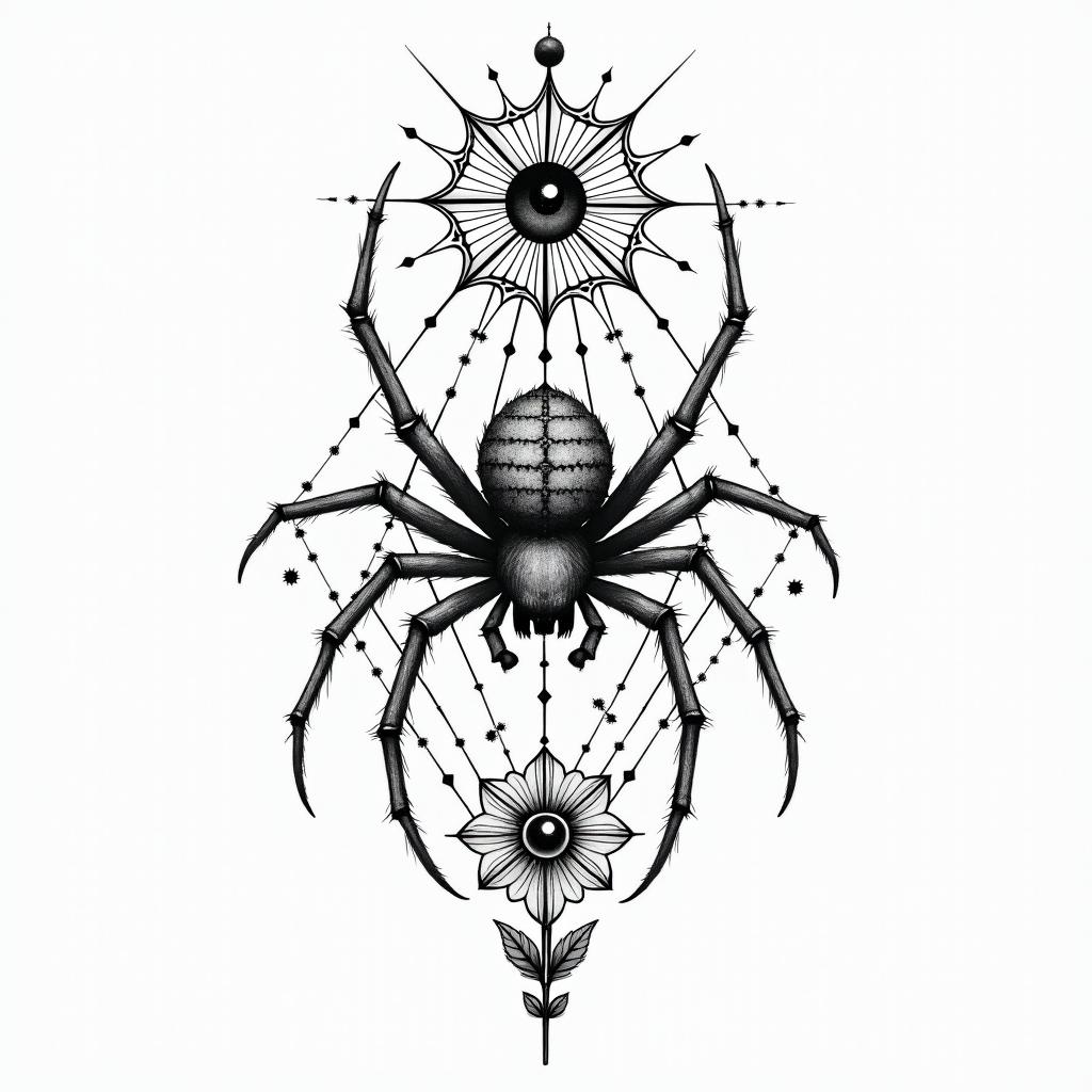 Small spider on web with flowers with stemin prophecy tattoo style, featuring mystical symbols, celestial imagery like stars, moons, suns, geometric patterns, foretelling elements, an eye of wisdom - Variation 2