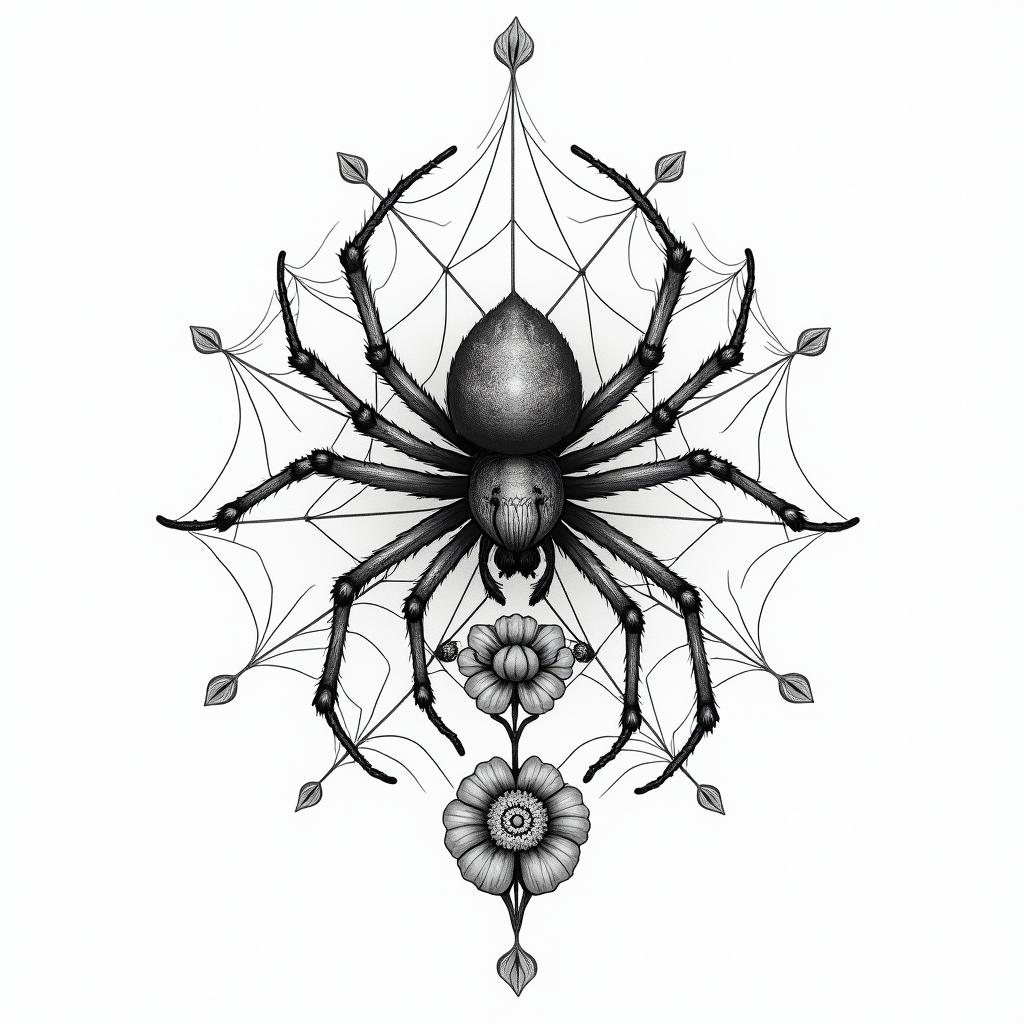 Small spider on web with flowers with stemin ornamental tattoo style, featuring intricate symmetrical patterns and floral designs, showcasing highly detailed line work and geometric shapes, creating a sense of elegance and balance - Variation 8
