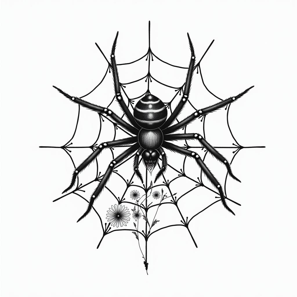 Small spider on web with flowers with stemin ornamental tattoo style, featuring intricate symmetrical patterns and floral designs, showcasing highly detailed line work and geometric shapes, creating a sense of elegance and balance - Variation 5