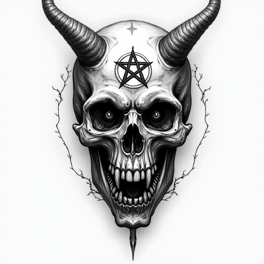 Nordic writingcreepy horror tattoo style, featuring an eerie and unsettling skull of a demonic creature, distorted face with sharp fangs, add pentagram symbol - Variation 4