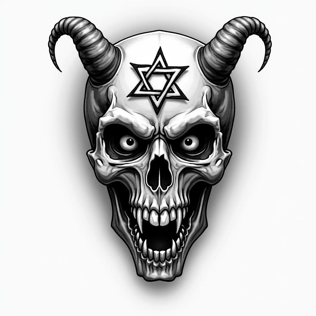 Nordic writingcreepy horror tattoo style, featuring an eerie and unsettling skull of a demonic creature, distorted face with sharp fangs, add pentagram symbol - Variation 2