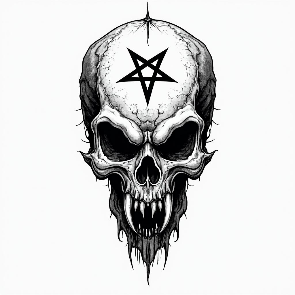Nordic writingcreepy horror tattoo style, featuring an eerie and unsettling skull of a demonic creature, distorted face with sharp fangs, add pentagram symbol - Variation 3
