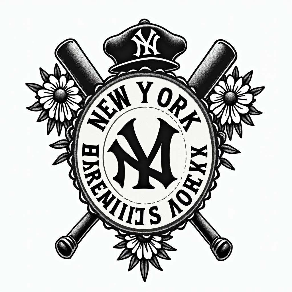 New York Yankees emblemin authentic tattoo style, incorporating traditional modifications, bold black outlines, solid color fills, featuring classic authentic elements - Variation 4