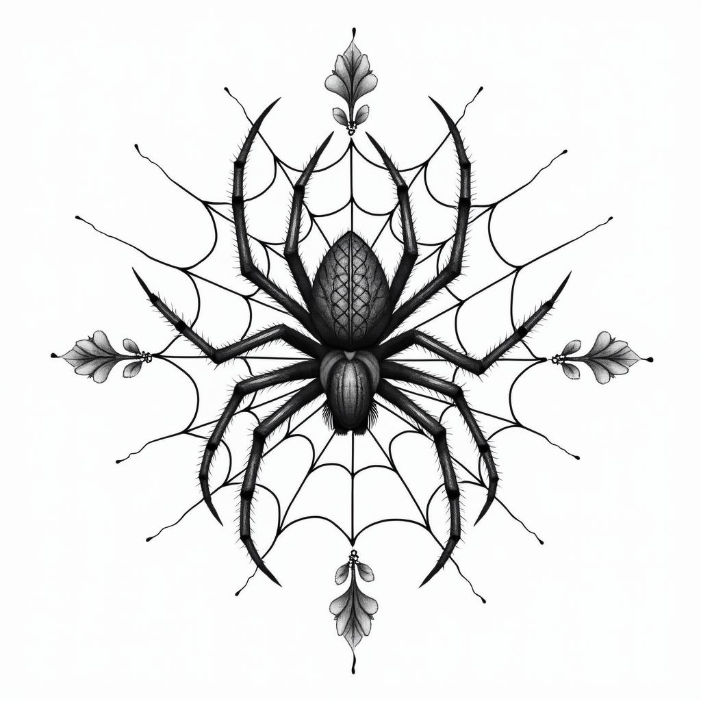 Small spider on web with flowers with stemin ornamental tattoo style, featuring intricate symmetrical patterns and floral designs, showcasing highly detailed line work and geometric shapes, creating a sense of elegance and balance - Variation 4