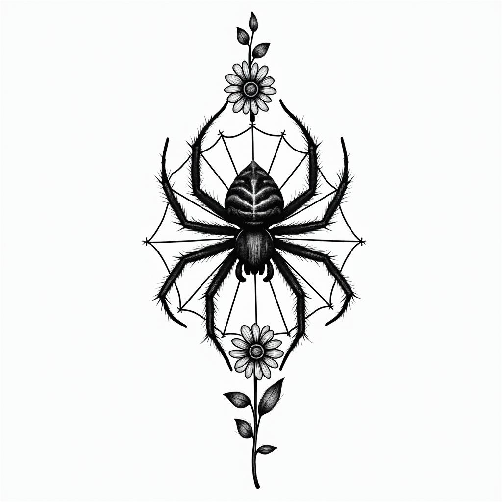 Small spider on web with flowers with stemin ornamental tattoo style, featuring intricate symmetrical patterns and floral designs, showcasing highly detailed line work and geometric shapes, creating a sense of elegance and balance