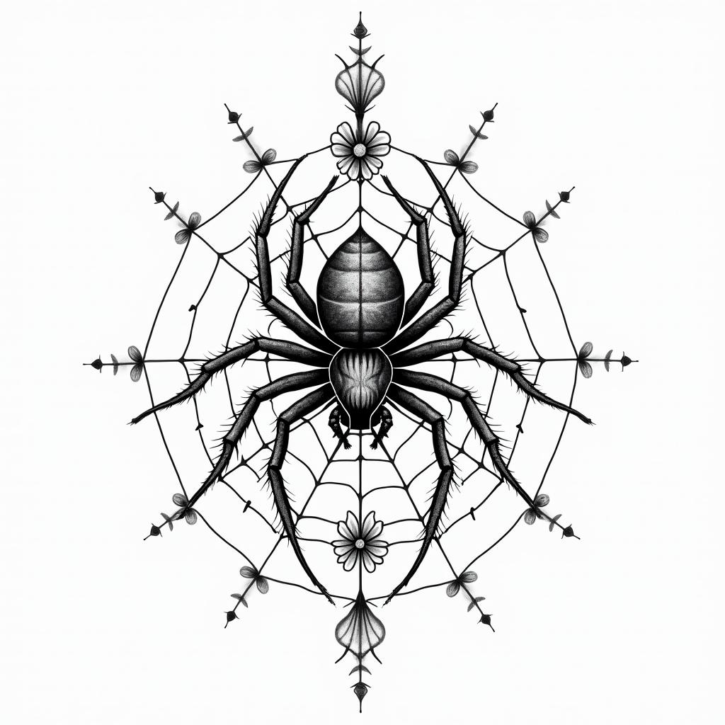 Small spider on web with flowers with stemin ornamental tattoo style, featuring intricate symmetrical patterns and floral designs, showcasing highly detailed line work and geometric shapes, creating a sense of elegance and balance - Variation 3