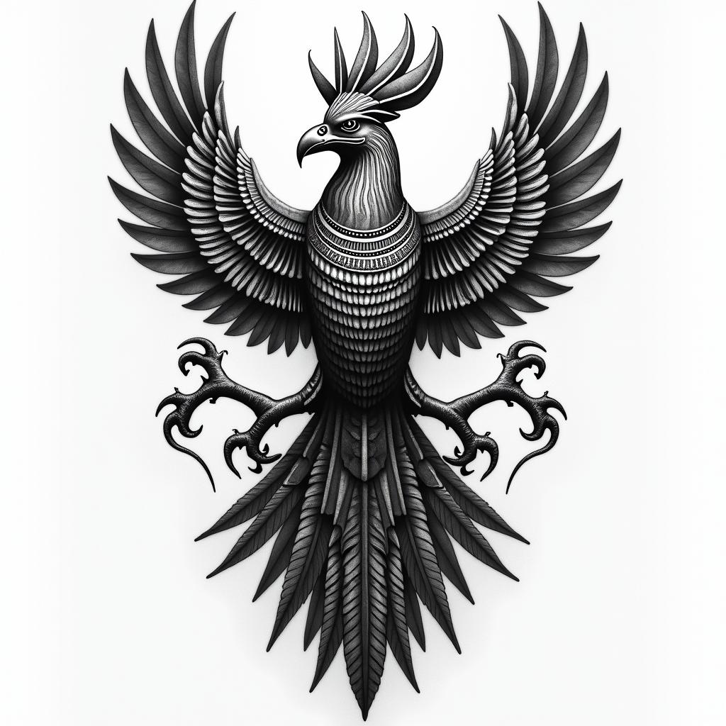 Hail phoenix, tattoo for men, aggressiveness, on leg.in egyptian style tattoo, bold elements of ancient egyptian culture including a portrait of an Egyptian pharaoh with detailed facial features, in hieroglyphs and symbolic imagery, eye of horus, ankh symbol, scarab beetle - Variation 2