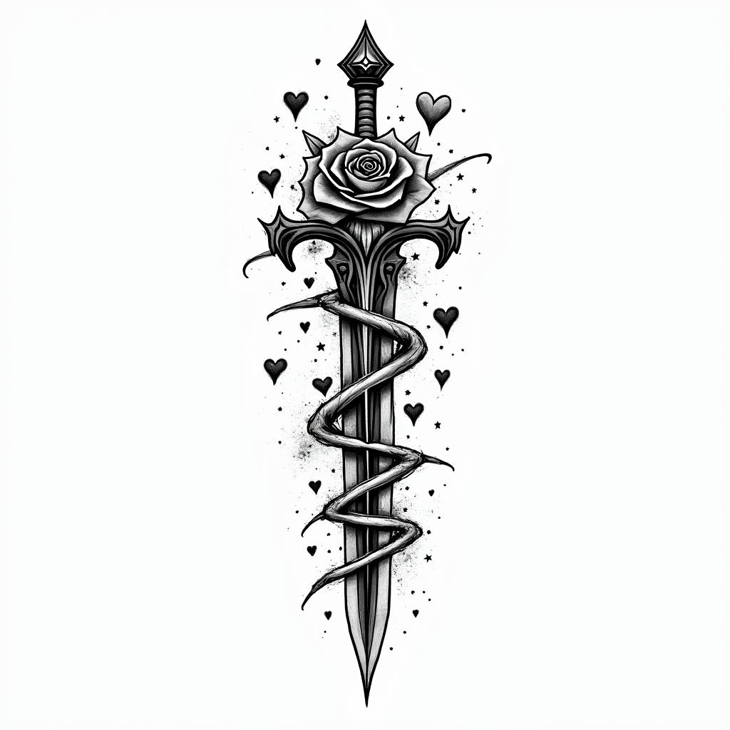 Sword with rosein graffiti style tattoo, featuring bold and dynamic street art elements, spray-paint texture with exaggerated lines and expressive, chaotic brushstrokes, intricate lettering incorporated with graffiti tags, symbols like hearts, stars, and wings - Variation 10