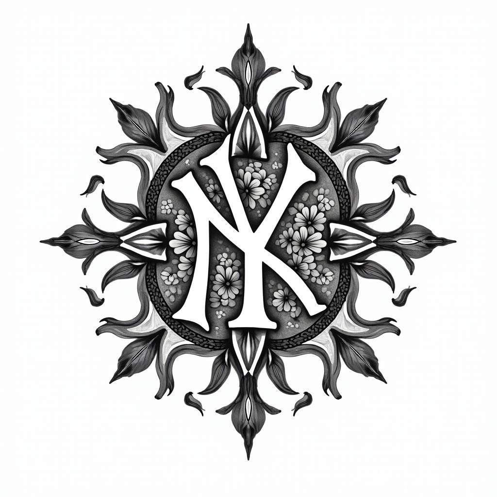 New York Yankees emblemin ornamental tattoo style, featuring intricate symmetrical patterns and floral designs, showcasing highly detailed line work and geometric shapes, creating a sense of elegance and balance - Variation 1