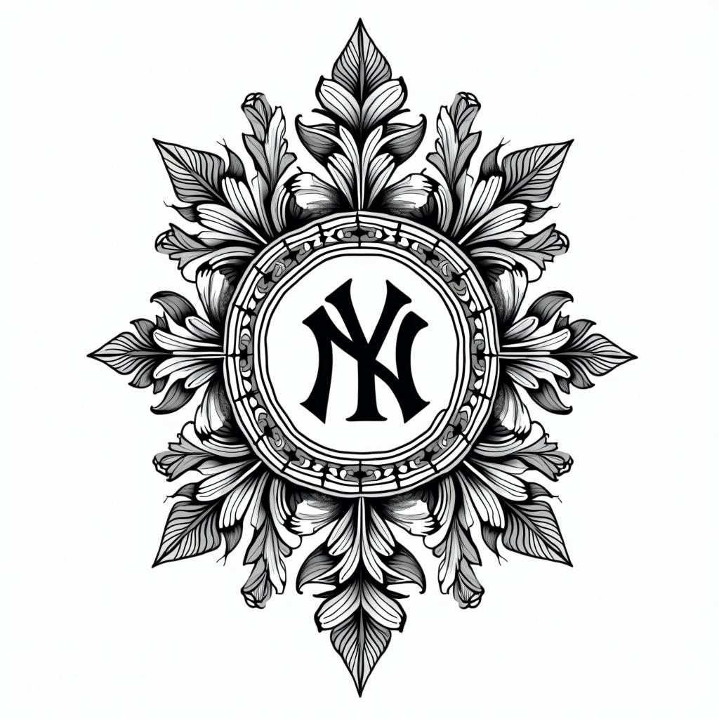 New York Yankees emblemin ornamental tattoo style, featuring intricate symmetrical patterns and floral designs, showcasing highly detailed line work and geometric shapes, creating a sense of elegance and balance - Variation 4
