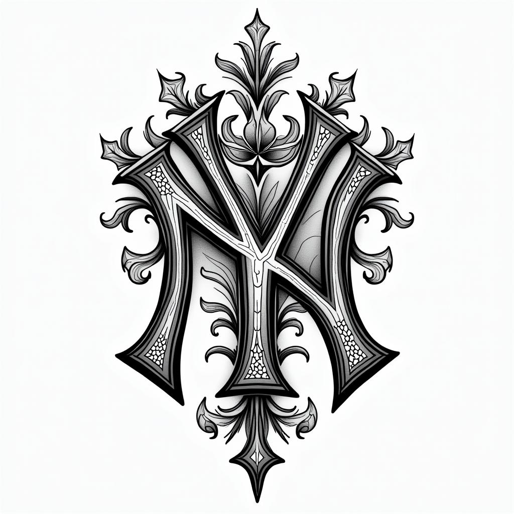 New York Yankees emblemin ornamental tattoo style, featuring intricate symmetrical patterns and floral designs, showcasing highly detailed line work and geometric shapes, creating a sense of elegance and balance - Variation 3