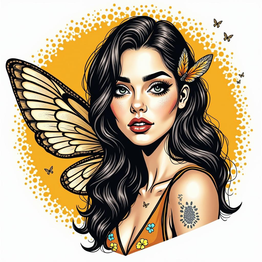 SARA with honey bee backgroundin pop art style tattoo, featuring bold and vibrant colors, exaggerated outlines, iconic imagery, inspired by comic books and speech bubbles, comic book characters, retro pop culture