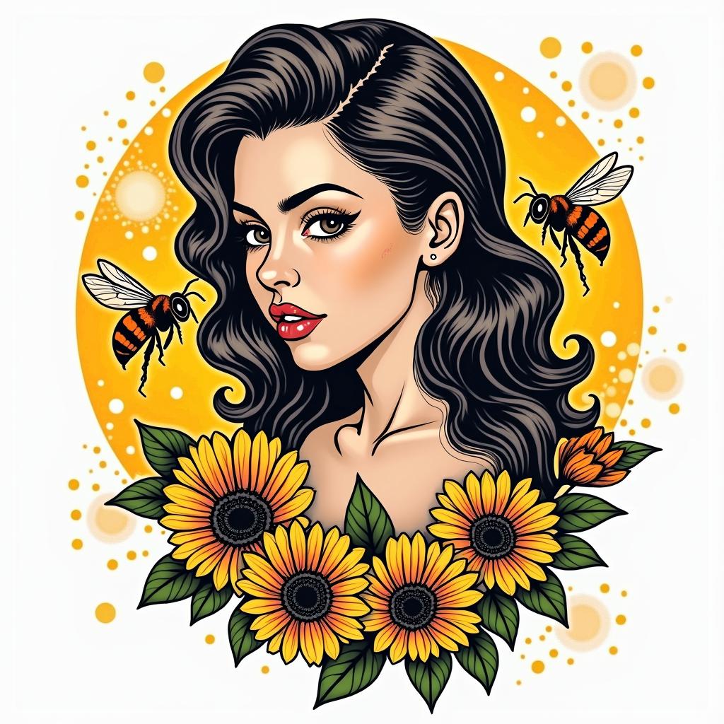 SARA with honey bee backgroundin pop art style tattoo, featuring bold and vibrant colors, exaggerated outlines, iconic imagery, inspired by comic books and speech bubbles, comic book characters, retro pop culture - Variation 3