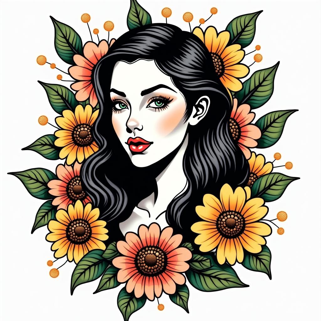 SARA with honey bee backgroundin pop art style tattoo, featuring bold and vibrant colors, exaggerated outlines, iconic imagery, inspired by comic books and speech bubbles, comic book characters, retro pop culture - Variation 2