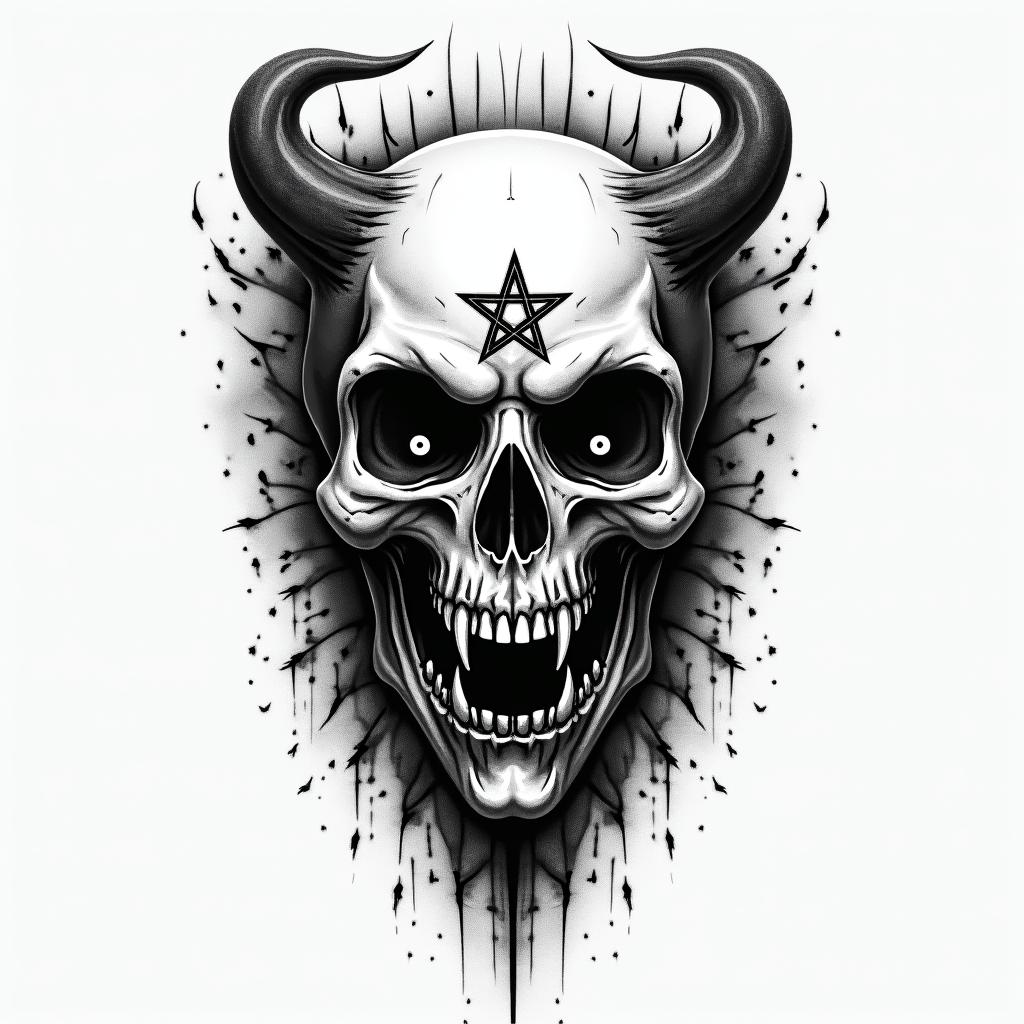 Ryne, aries, nashvillecreepy horror tattoo style, featuring an eerie and unsettling skull of a demonic creature, distorted face with sharp fangs, add pentagram symbol - Variation 3