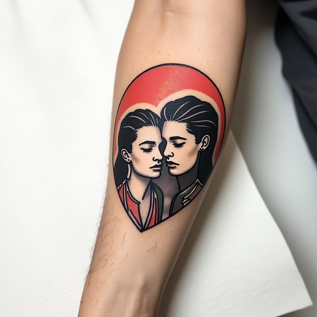 I want a tattoo on my wrist, I would like it to be a couples tattoo, minimalistic, modern.in pop art style tattoo, featuring bold and vibrant colors, exaggerated outlines, iconic imagery, inspired by comic books and speech bubbles, comic book characters, retro pop culture