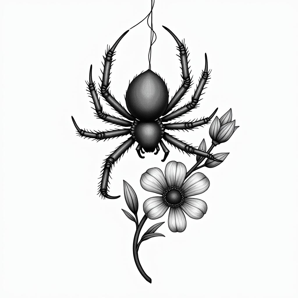 Small spider on web with flowers with stemhigly detailed tattoo - Variation 6