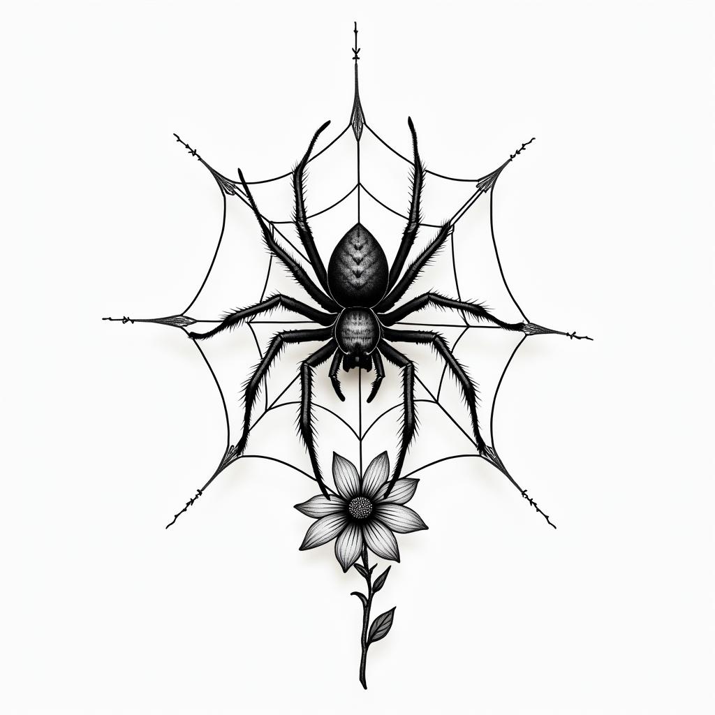 Small spider on web with flowers with stemhigly detailed tattoo - Variation 5