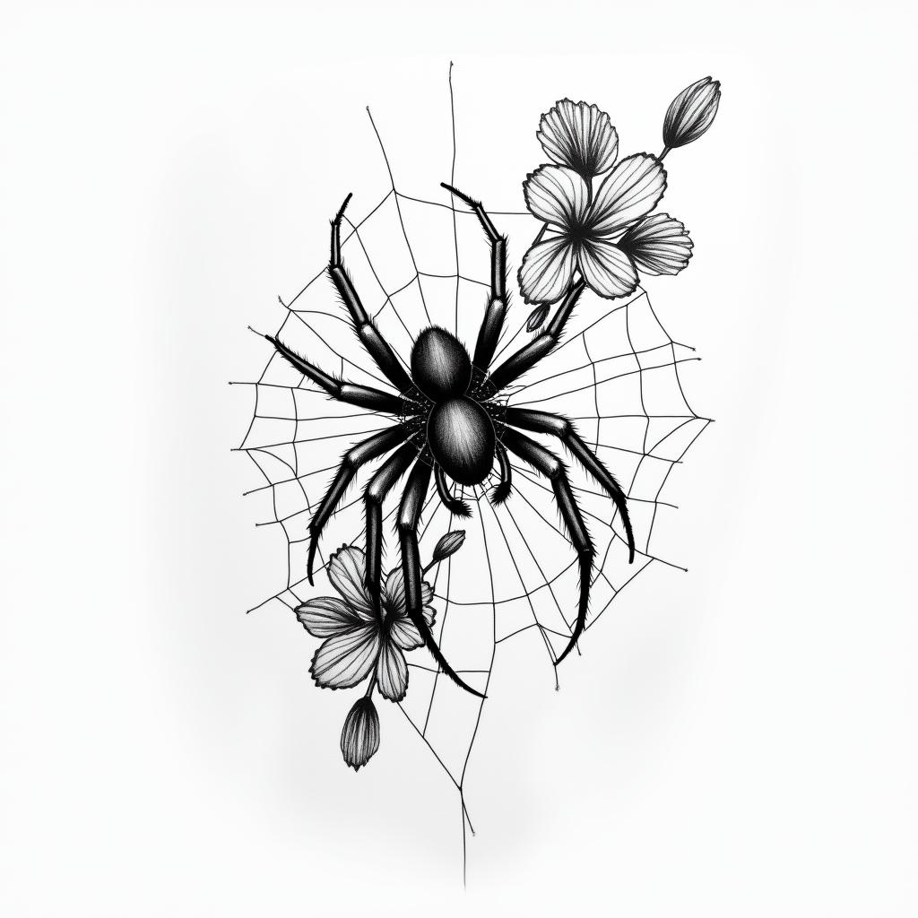 Small spider on web with flowers with stemhigly detailed tattoo - Variation 7