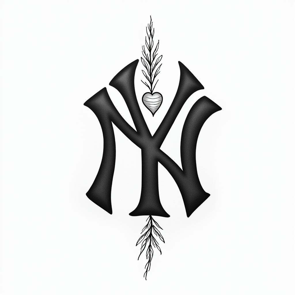 New York Yankees emblemin Modest style tattoo, featuring soft, delicate line work with simple and meaningful symbols, gentle waves, a heart, evoking a sense of serenity and grace, - Variation 2