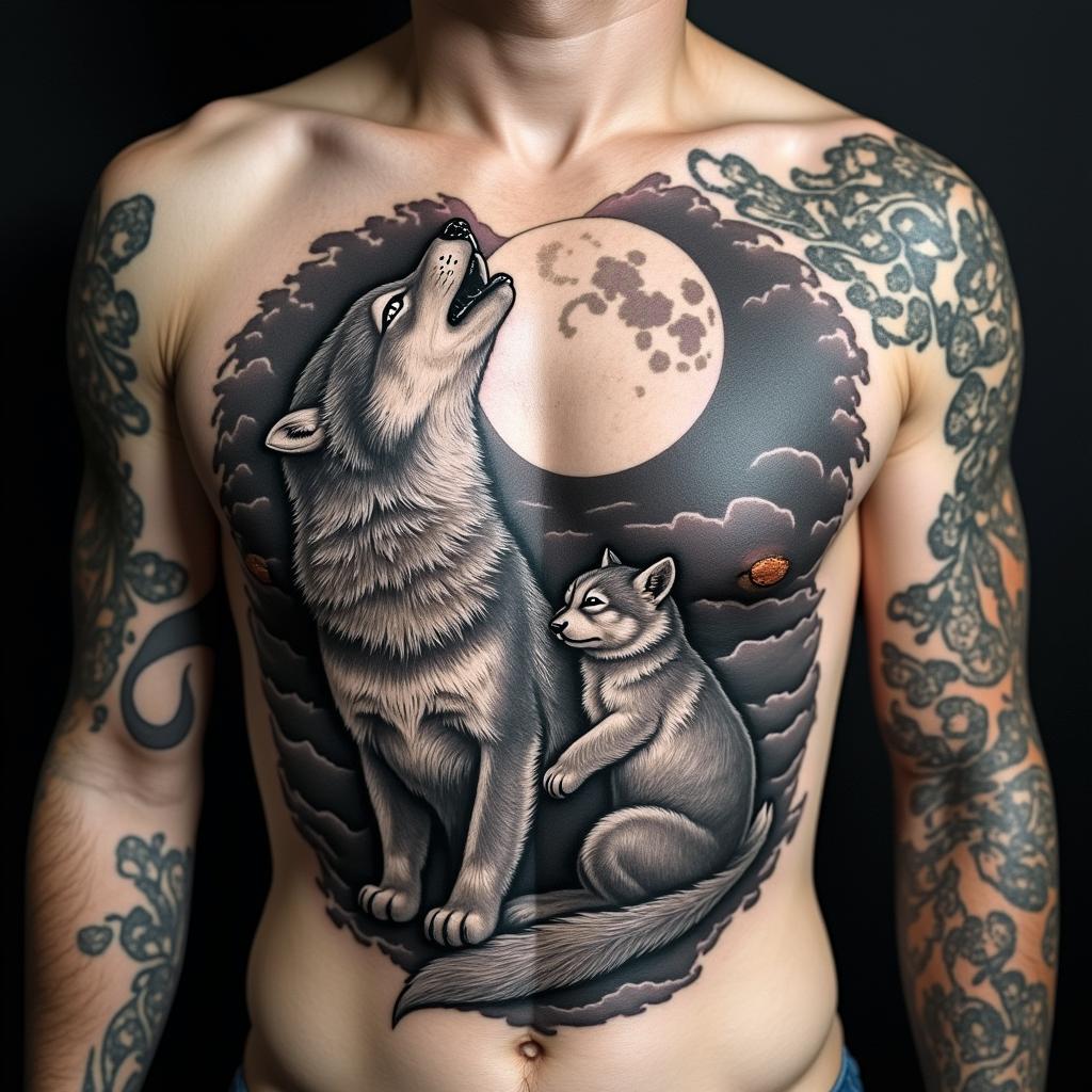 Howling wolf and cub under a full moonin authentic tattoo style, incorporating traditional modifications, bold black outlines, solid color fills, featuring classic authentic elements
