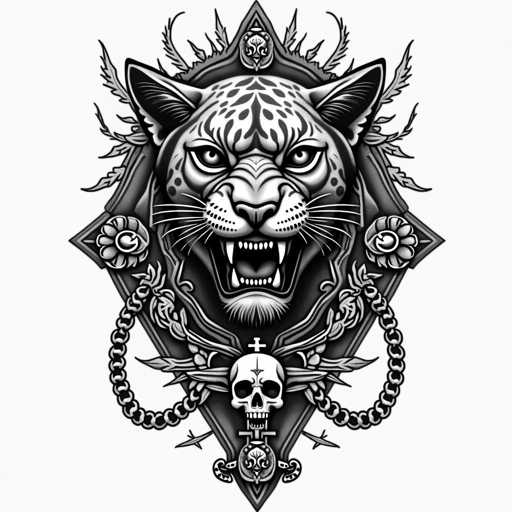 Aztec warrior jaguarin chicano style tattoo, featuring intricate black and grey shading, bold elements of traditional chicano culture symbols, add a big cross with skull, chains and roses - Variation 4