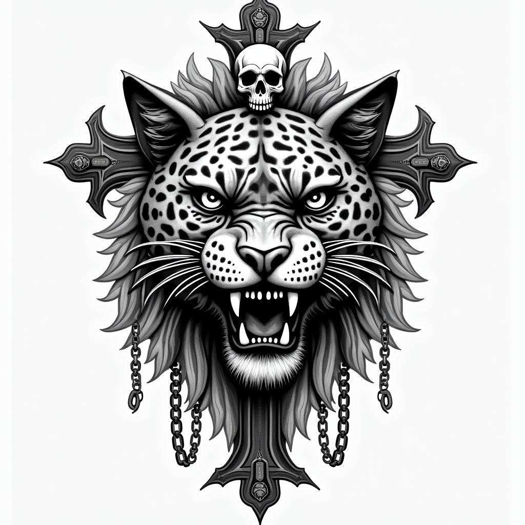Aztec warrior jaguarin chicano style tattoo, featuring intricate black and grey shading, bold elements of traditional chicano culture symbols, add a big cross with skull, chains and roses - Variation 1