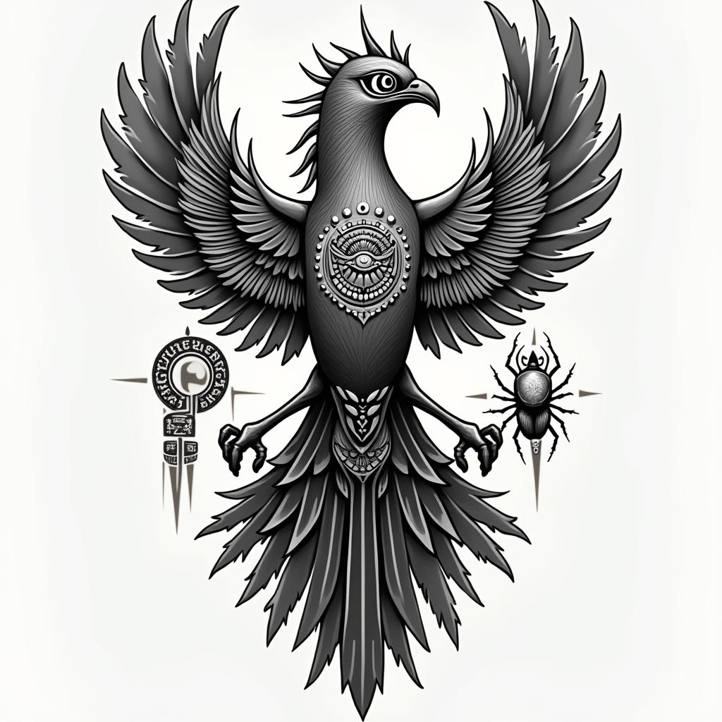 Hail phoenix, tattoo for men, aggressiveness, on leg.in egyptian style tattoo, bold elements of ancient egyptian culture including a portrait of an Egyptian pharaoh with detailed facial features, in hieroglyphs and symbolic imagery, eye of horus, ankh symbol, scarab beetle