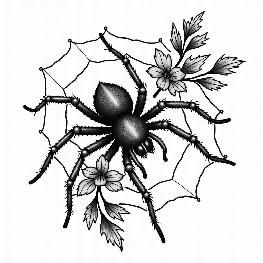 Small spider on web with flowers with stemin authentic tattoo style, incorporating traditional modifications, bold black outlines, solid color fills, featuring classic authentic elements - Variation 15