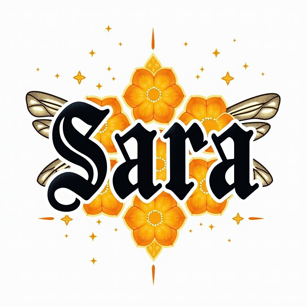 Name SARA with honeybee backgroundtext-based tattoo, gothic font ultra-realistic, perfectly placed, high-quality font design, photo-realistic shading, 8k, high quality, finely detailed typography - Variation 2