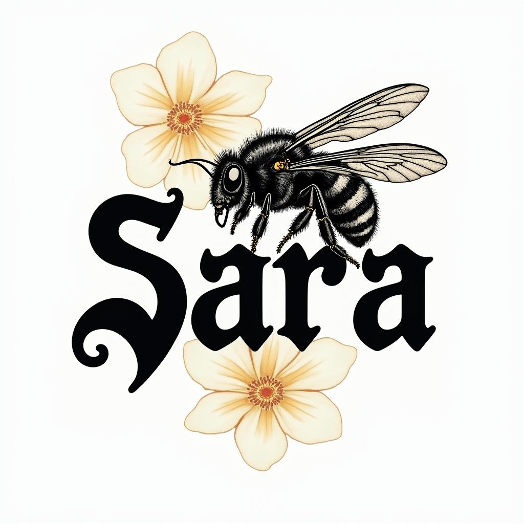 Name SARA with honeybee backgroundtext-based tattoo, gothic font ultra-realistic, perfectly placed, high-quality font design, photo-realistic shading, 8k, high quality, finely detailed typography